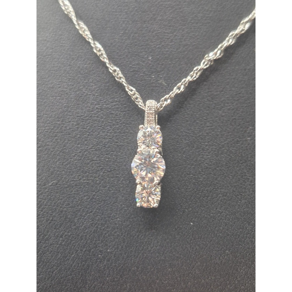 EUC 16'' Sterling Silver Cz 3-stone Pendant Necklace K1